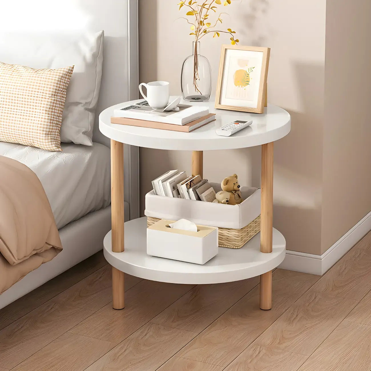 Contemporary Wood Small Round Bedside Table with Shelf
