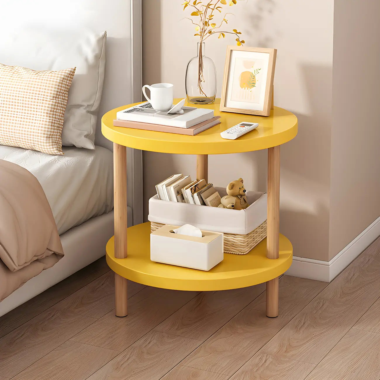 Contemporary Wood Small Round Bedside Table with Shelf
