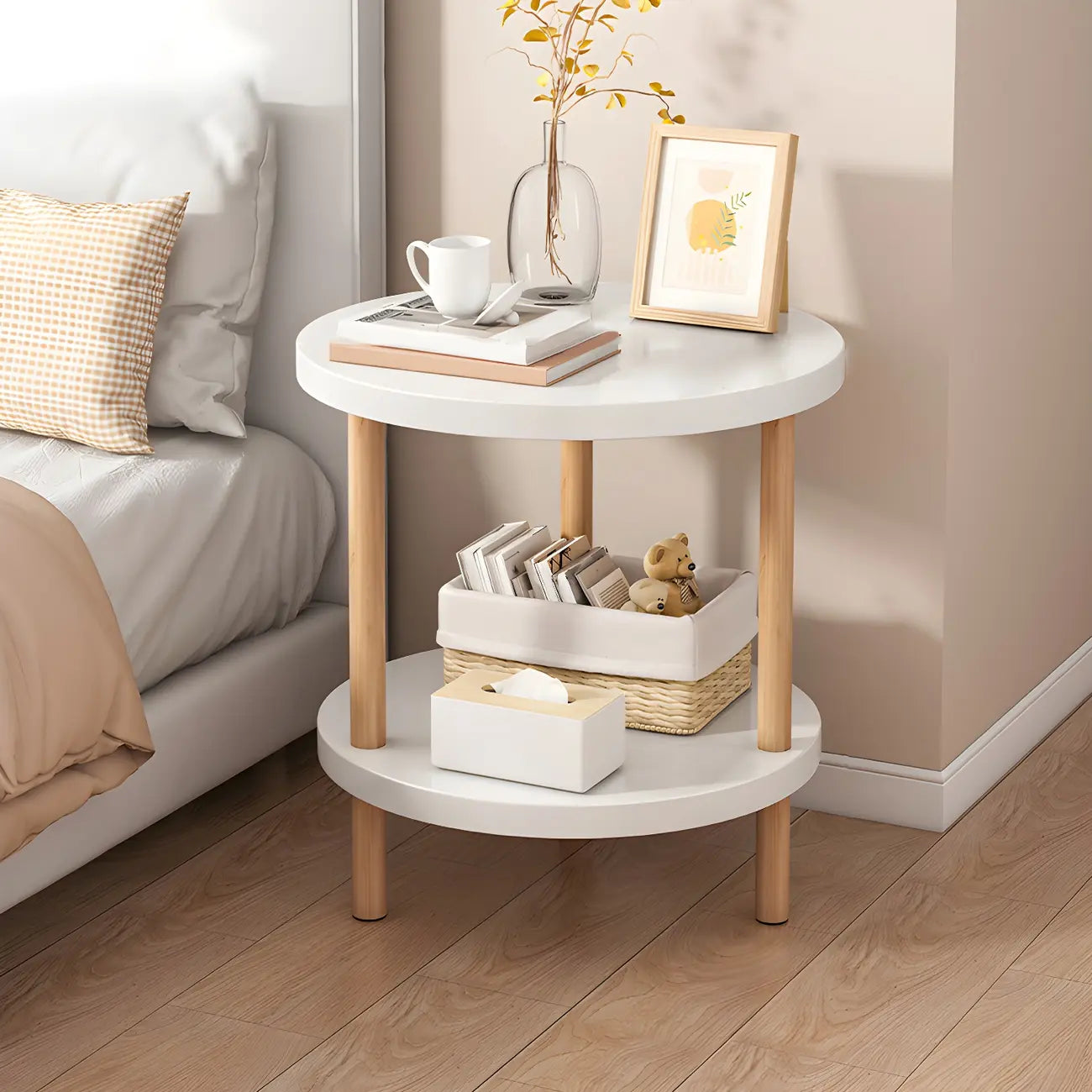 Contemporary Wood Small Round Bedside Table with Shelf