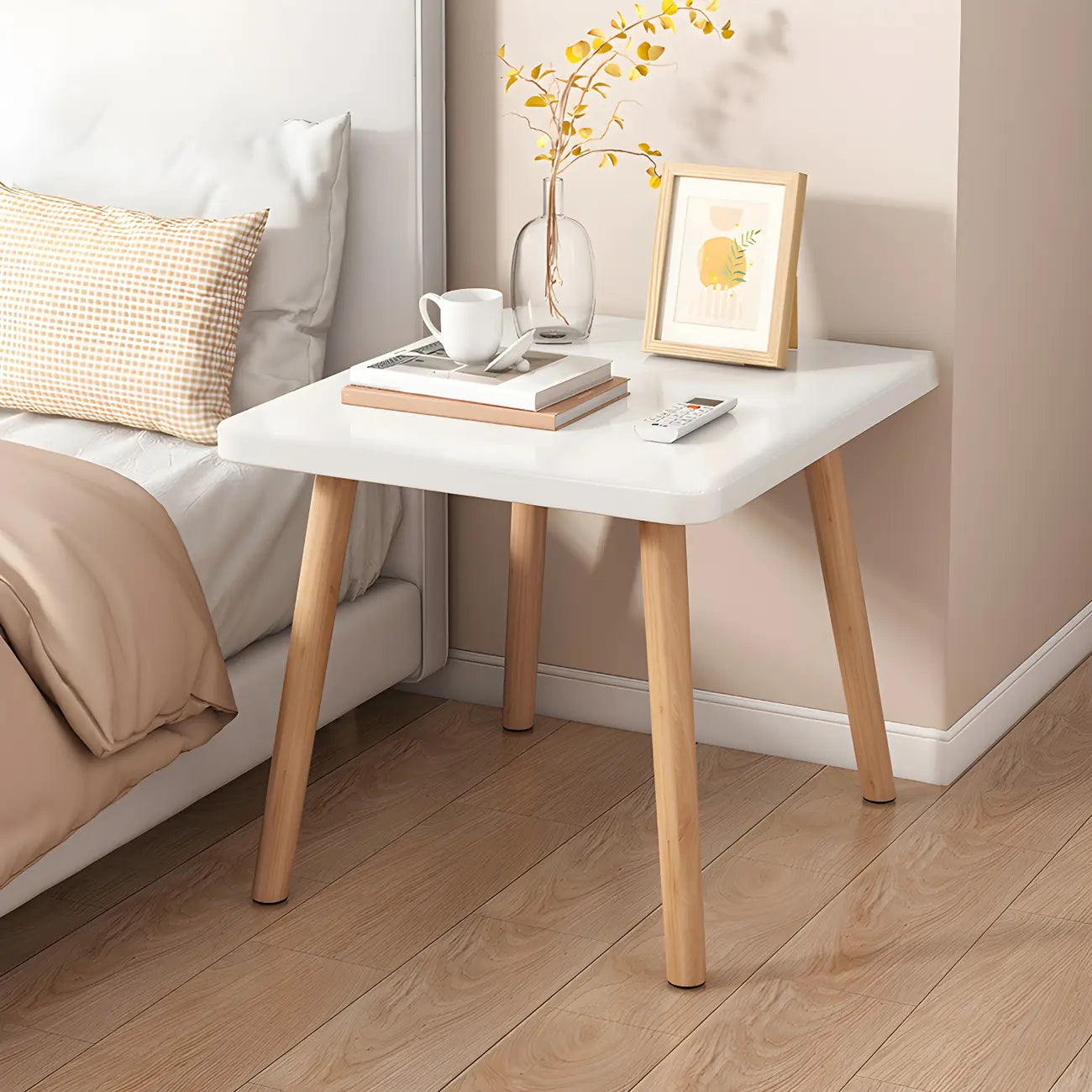 Contemporary Wood Small Round Bedside Table with Shelf