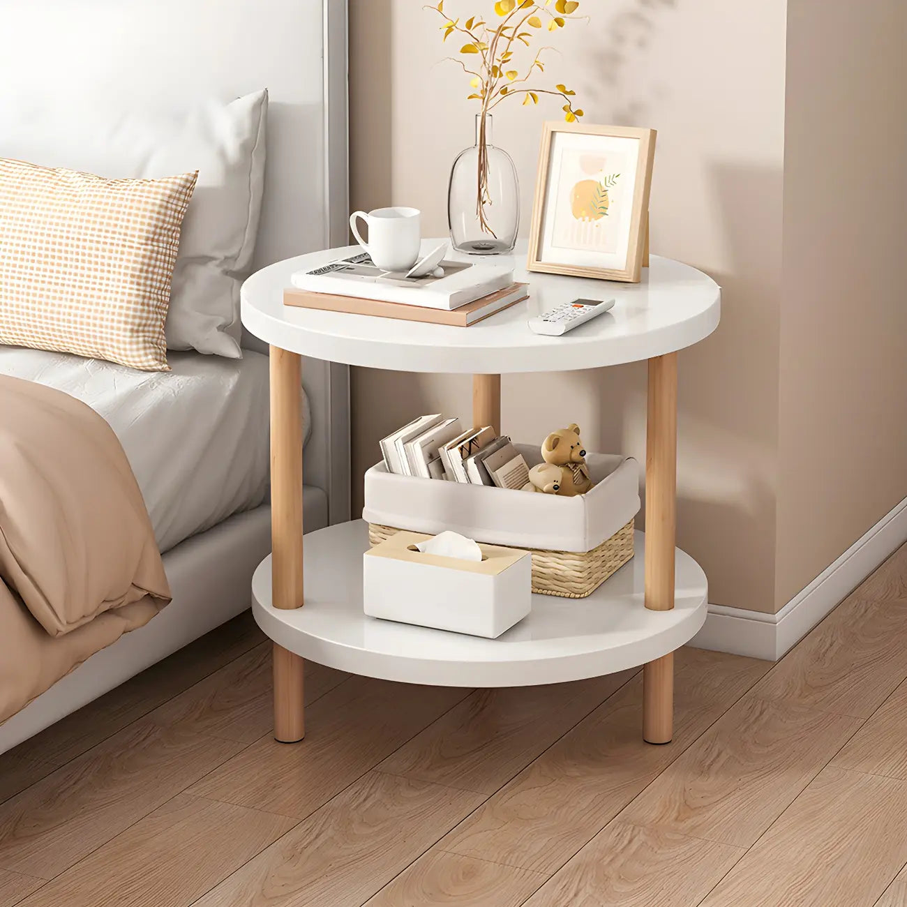 Contemporary Wood Small Round Bedside Table with Shelf
