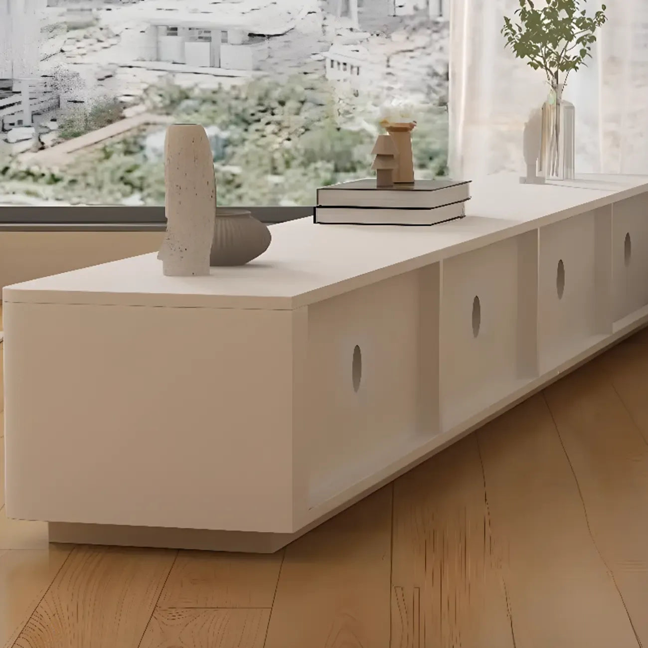 Minimalist White Wooden TV Stand with Cable Management