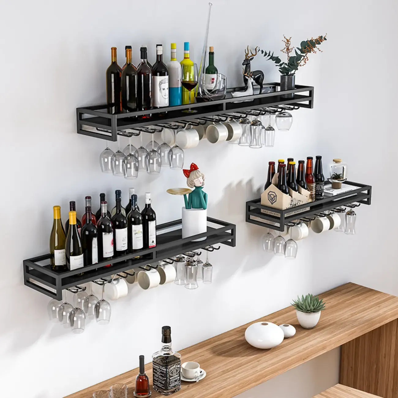 Simple Rectangle Black Wall Mounted Metal Wine Rack