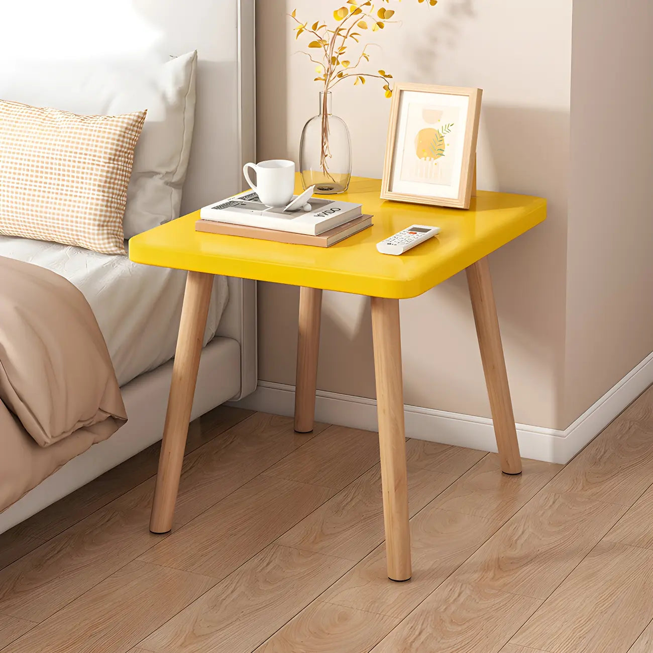 Contemporary Wood Small Round Bedside Table with Shelf