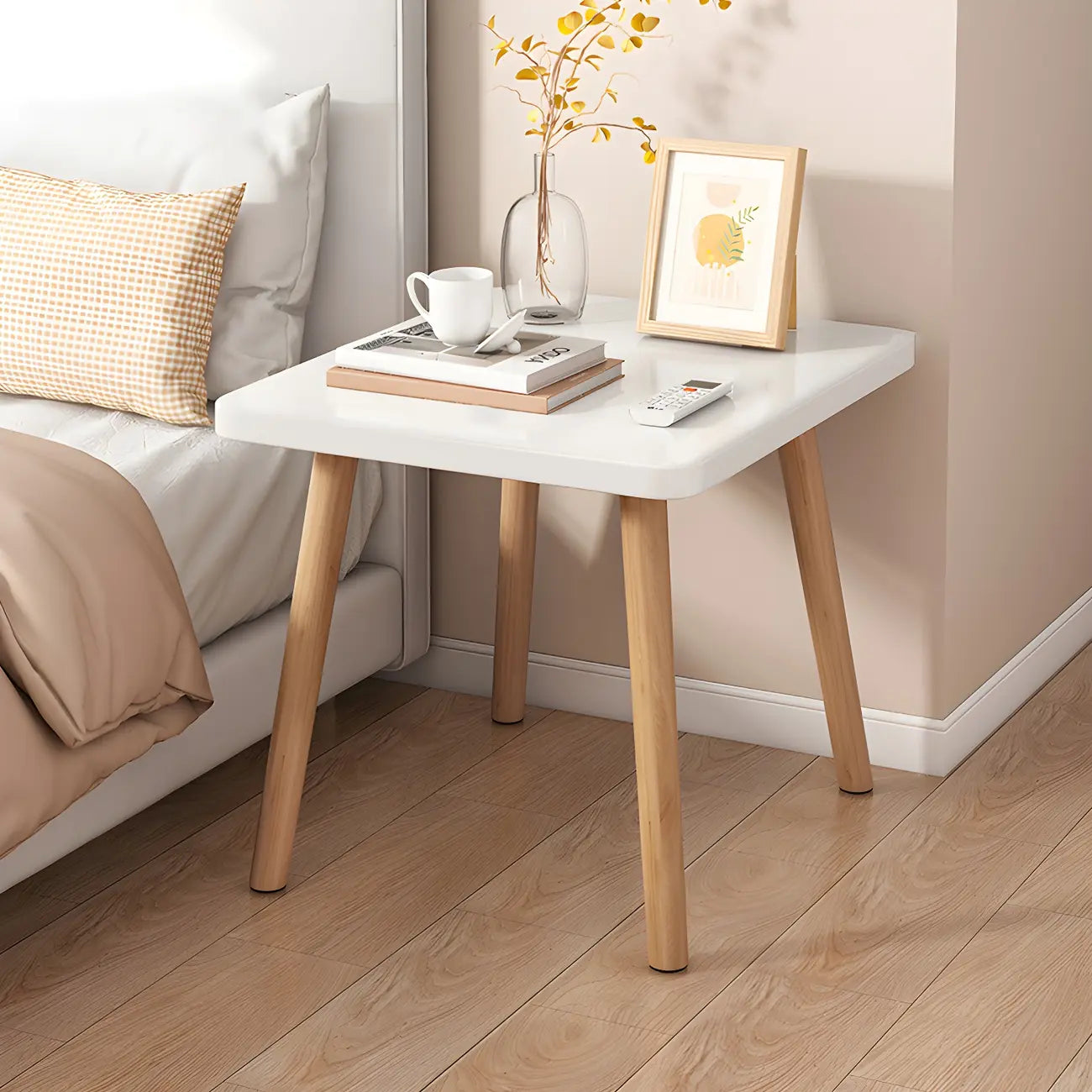 Contemporary Wood Small Round Bedside Table with Shelf