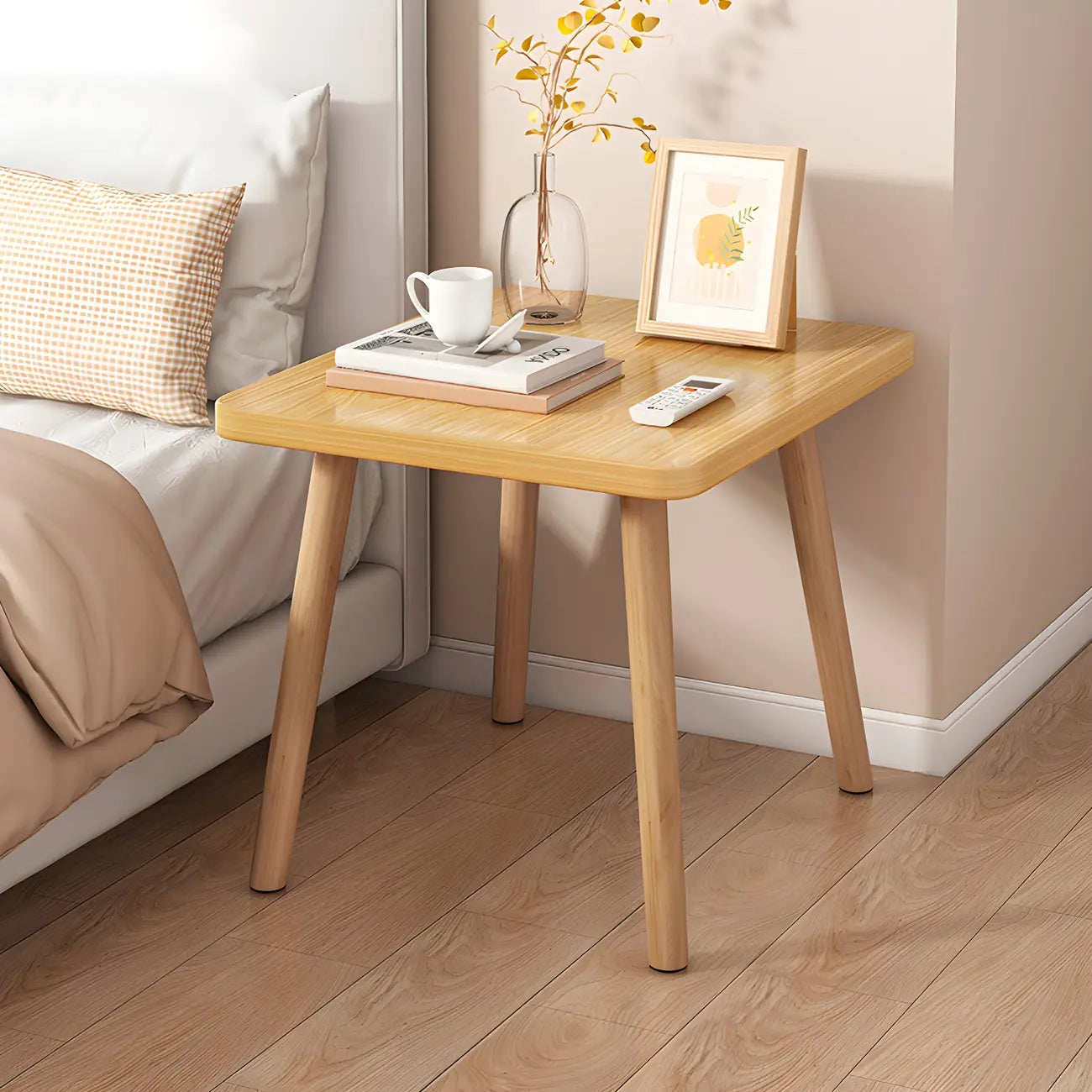 Contemporary Wood Small Round Bedside Table with Shelf