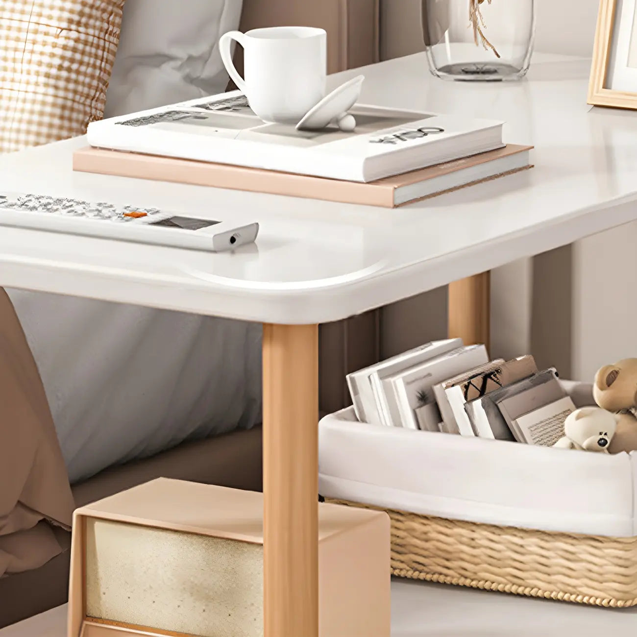 Contemporary Wood Small Round Bedside Table with Shelf