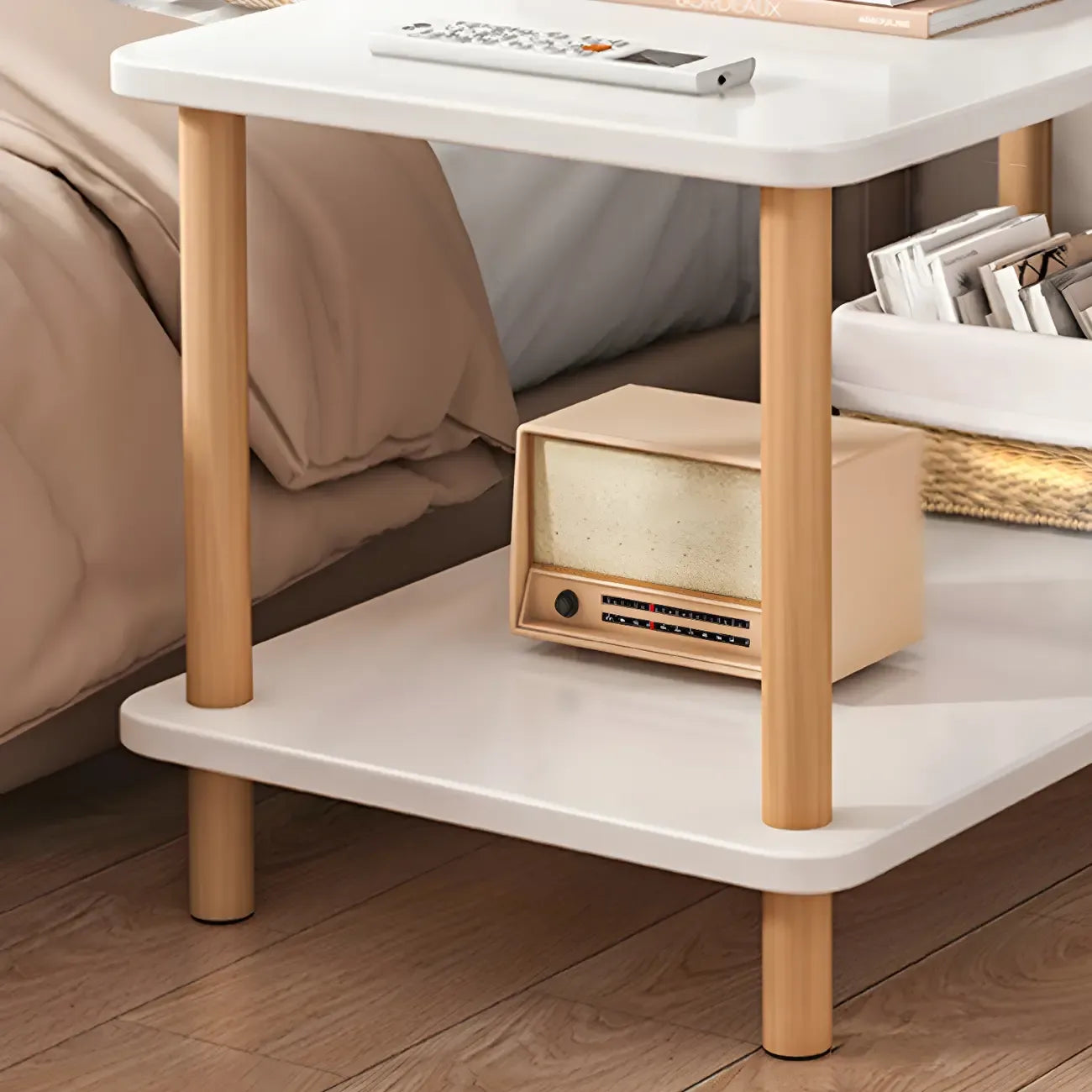 Contemporary Wood Small Round Bedside Table with Shelf