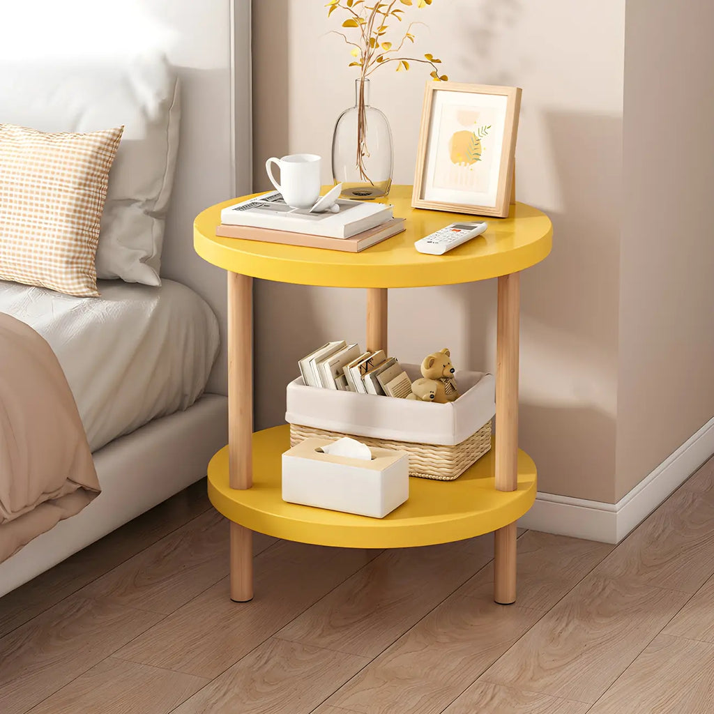 Contemporary Wood Small Round Bedside Table with Shelf