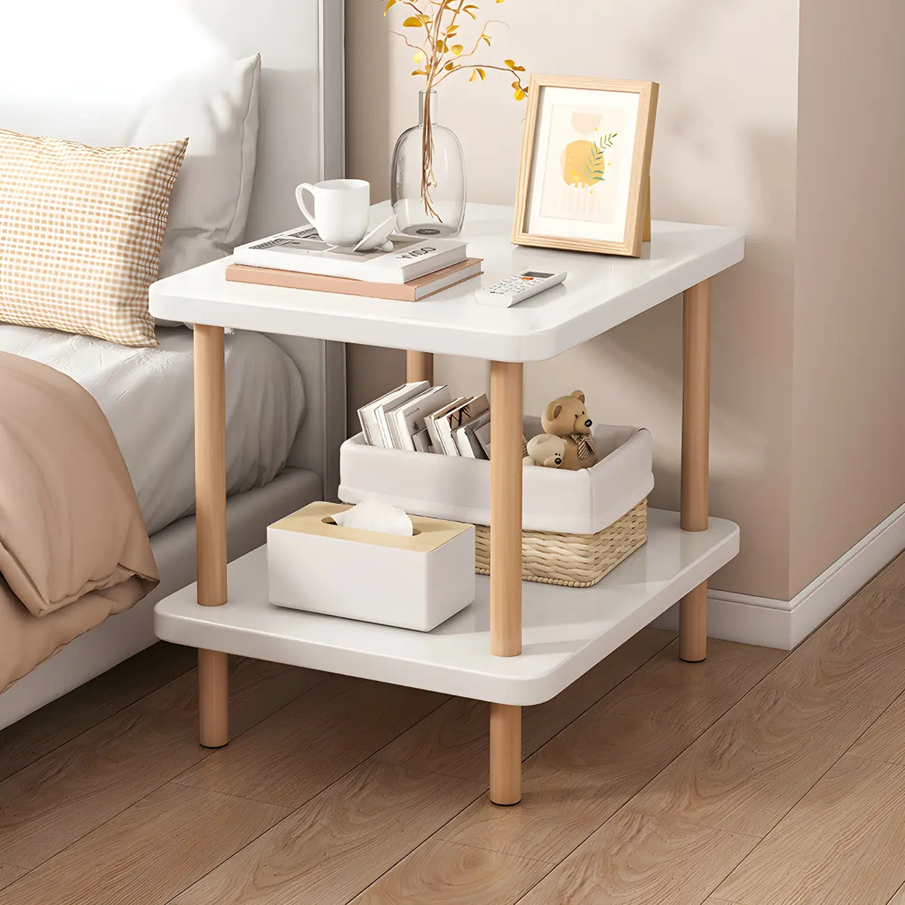 Contemporary Wood Small Round Bedside Table with Shelf