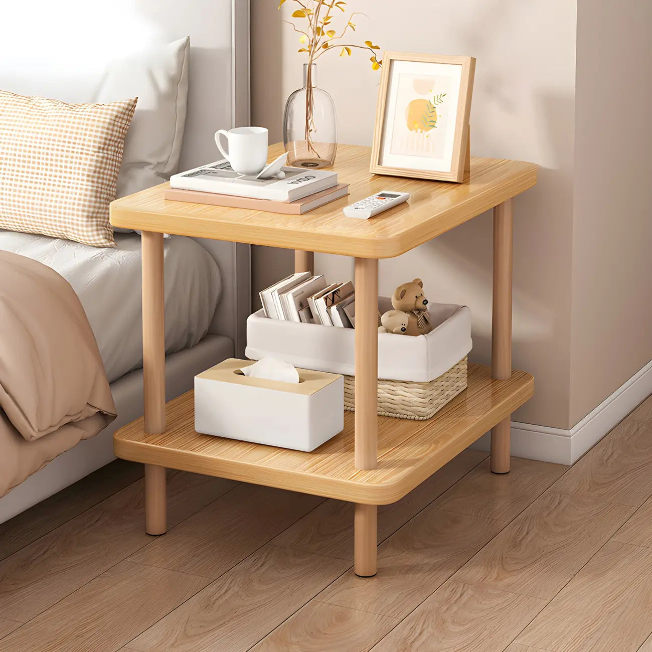 Contemporary Wood Small Round Bedside Table with Shelf