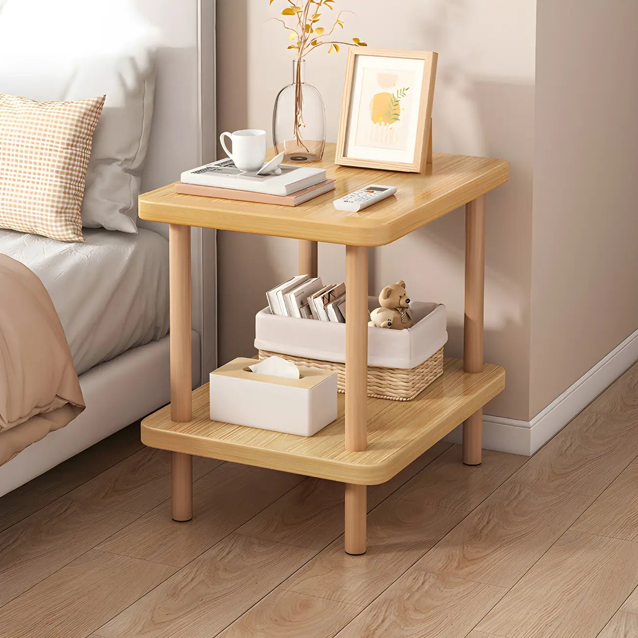 Contemporary Wood Small Round Bedside Table with Shelf
