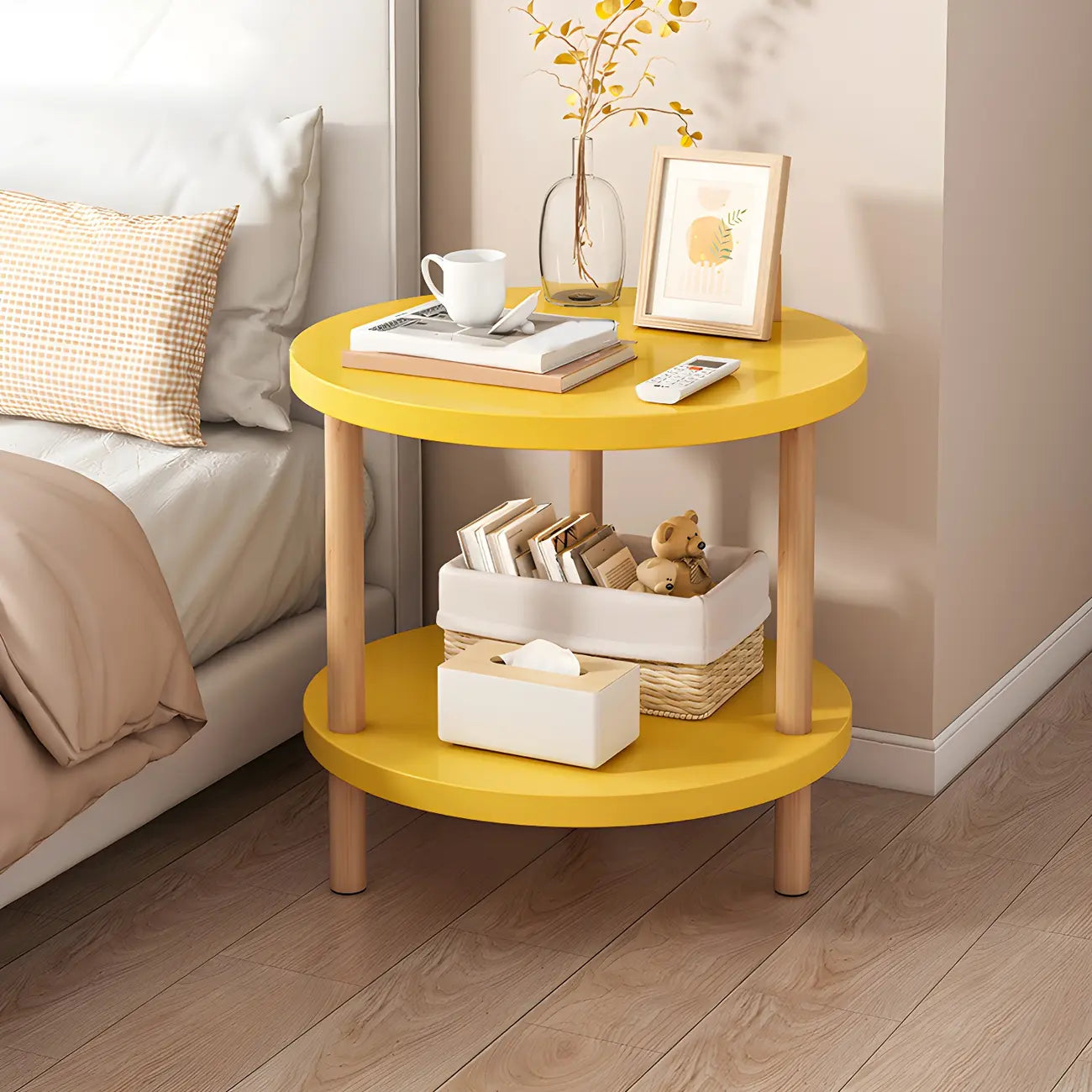 Contemporary Wood Small Round Bedside Table with Shelf