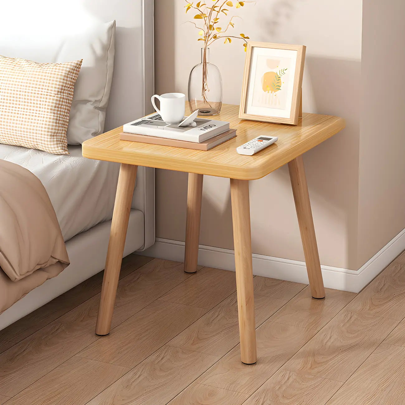 Contemporary Wood Small Round Bedside Table with Shelf