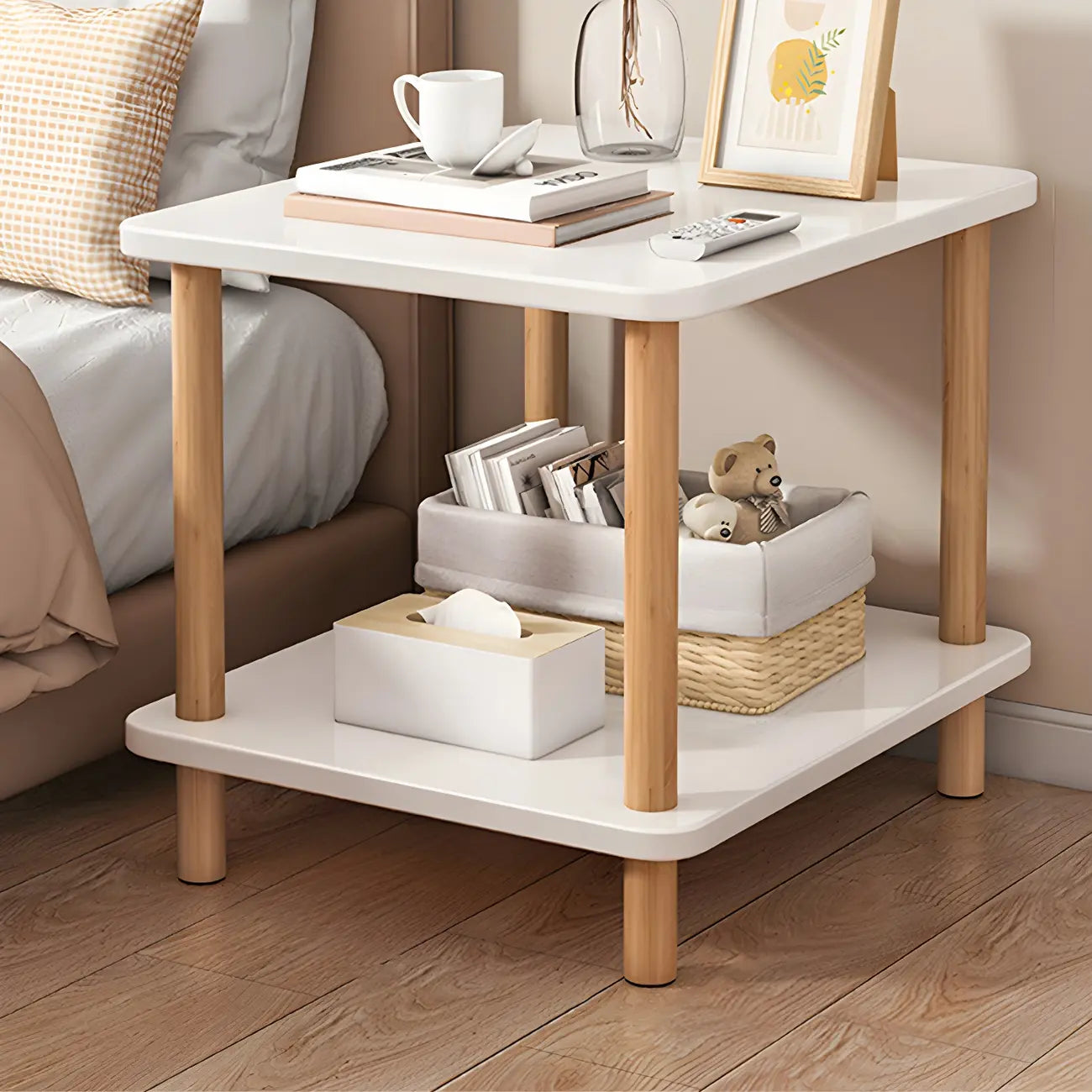 Contemporary Wood Small Round Bedside Table with Shelf