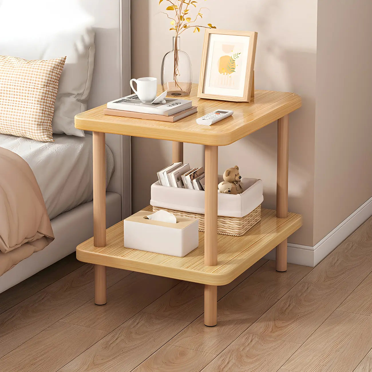 Contemporary Wood Small Round Bedside Table with Shelf