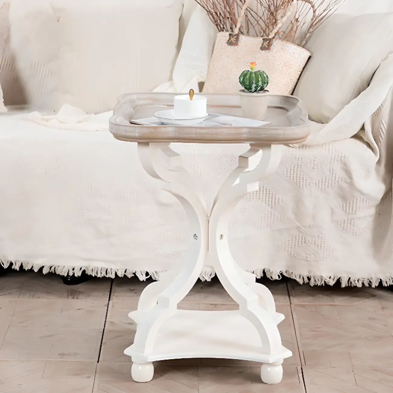 Glam White Wooden Accent Side Table with Tray Top for Bedroom