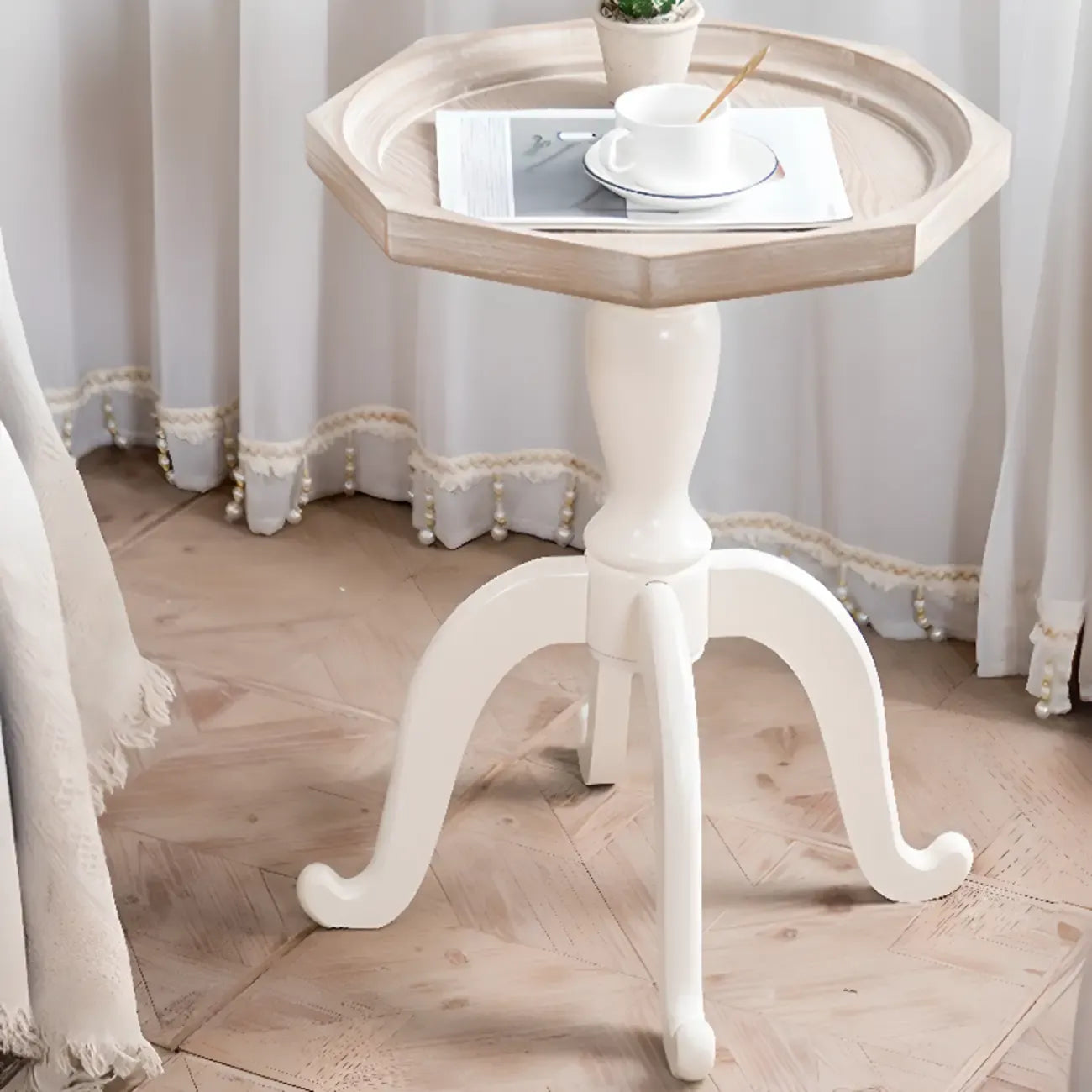 Glam White Wooden Accent Side Table with Tray Top for Bedroom