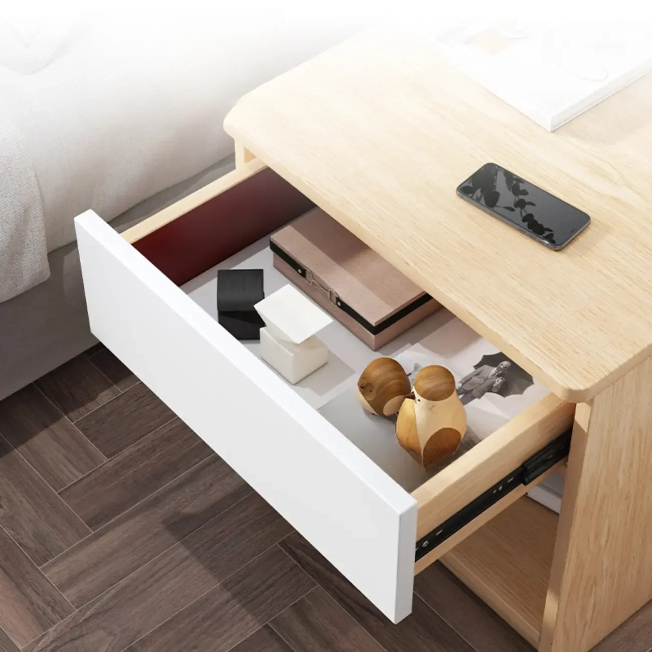 Wooden Square Bedside Storage Table with Up/Dowm Drawer