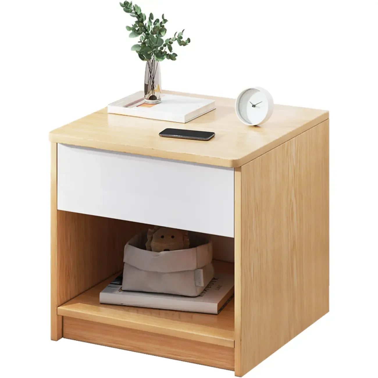 Wooden Square Bedside Storage Table with Up/Dowm Drawer