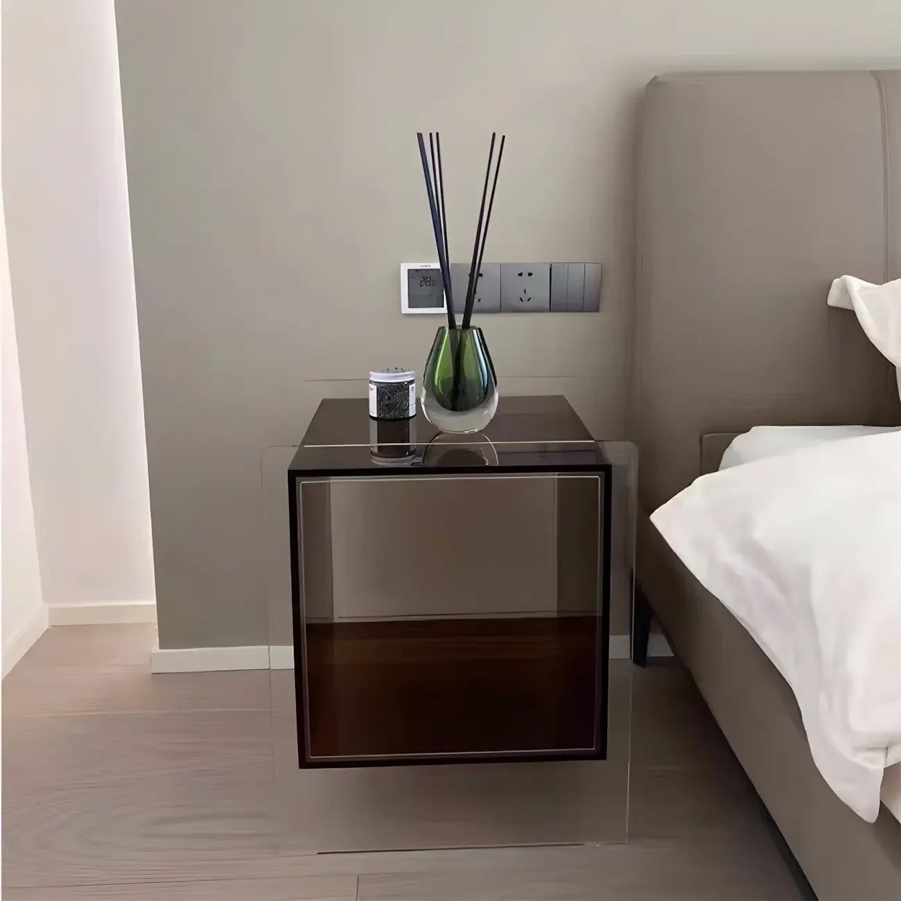 Modish Transparent Acrylic Nightstand with Open Shelf & Wheels