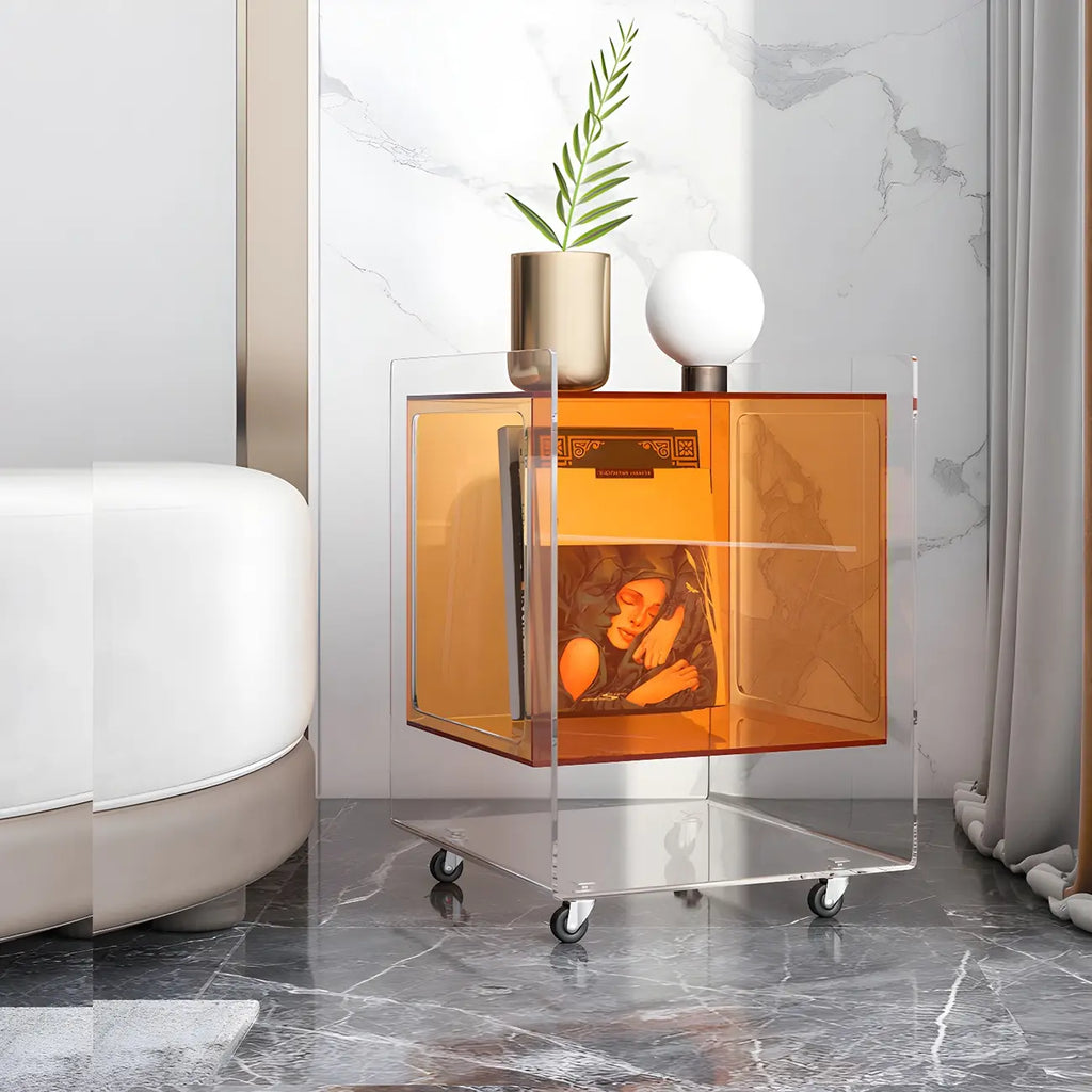 Modish Transparent Acrylic Nightstand with Open Shelf & Wheels