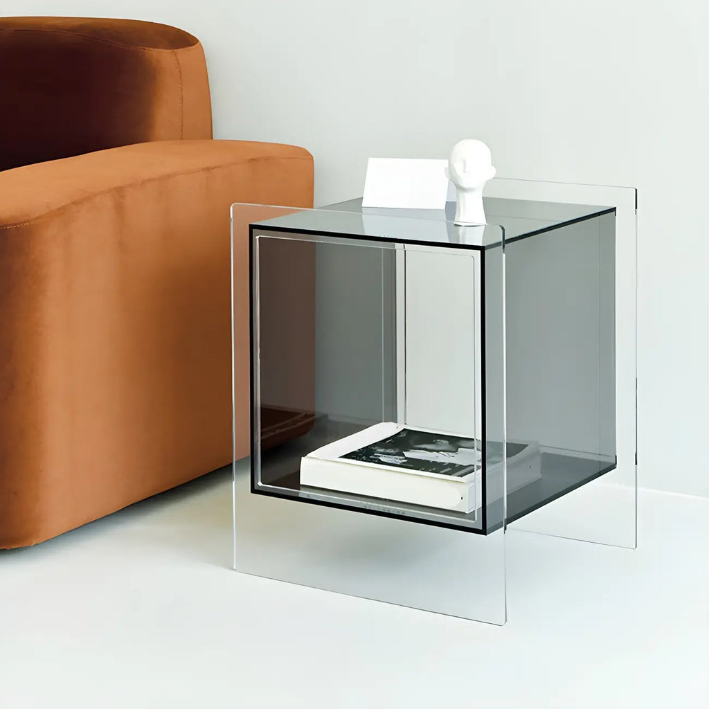 Modish Transparent Acrylic Nightstand with Open Shelf & Wheels