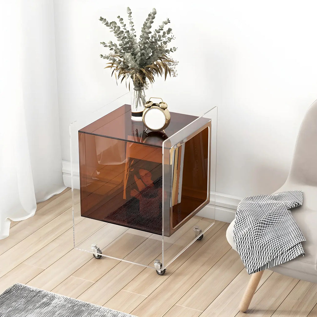 Modish Transparent Acrylic Nightstand with Open Shelf & Wheels