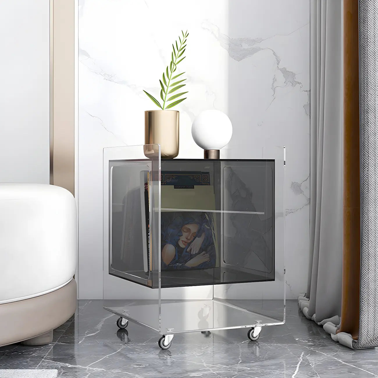 Modish Transparent Acrylic Nightstand with Open Shelf & Wheels