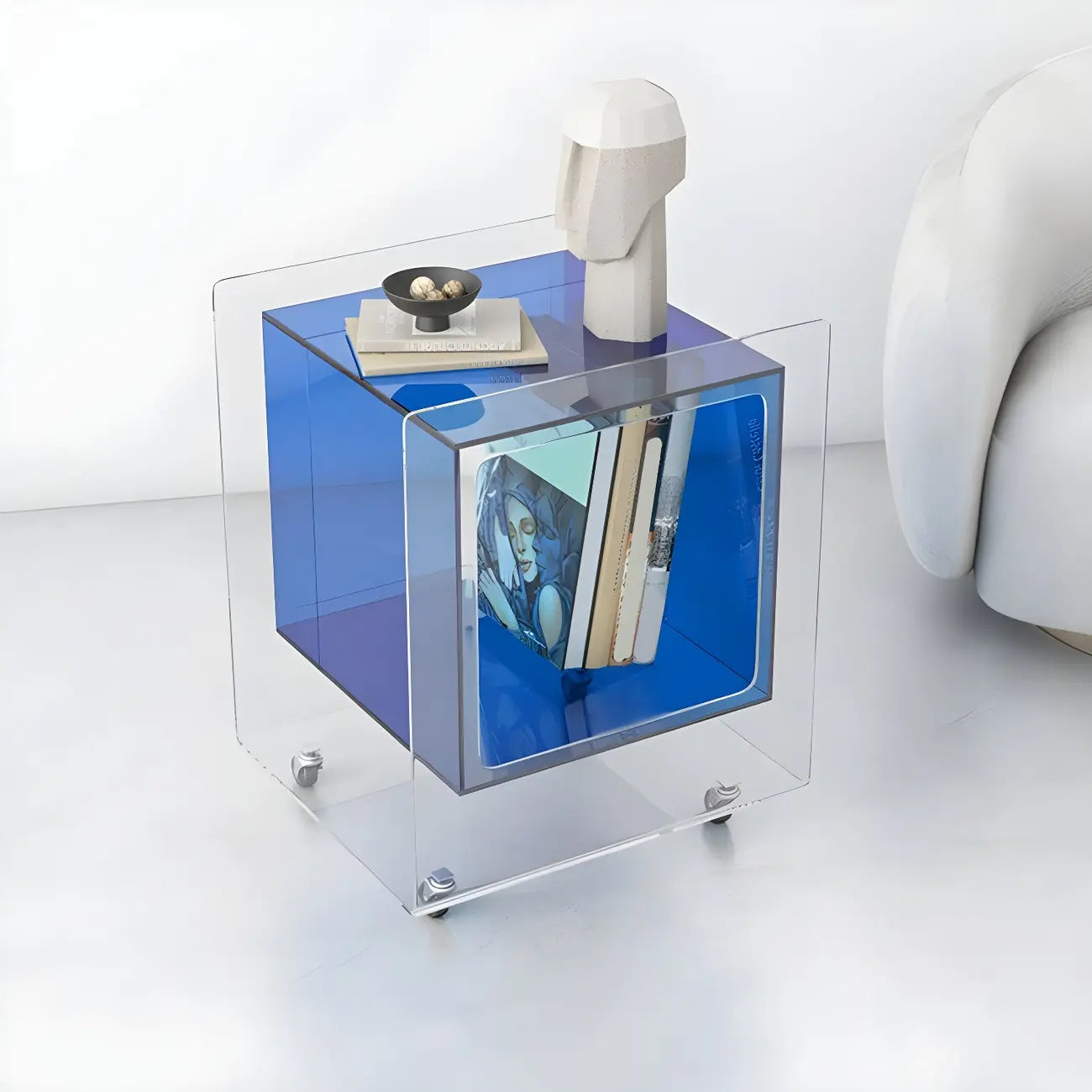 Modish Transparent Acrylic Nightstand with Open Shelf & Wheels