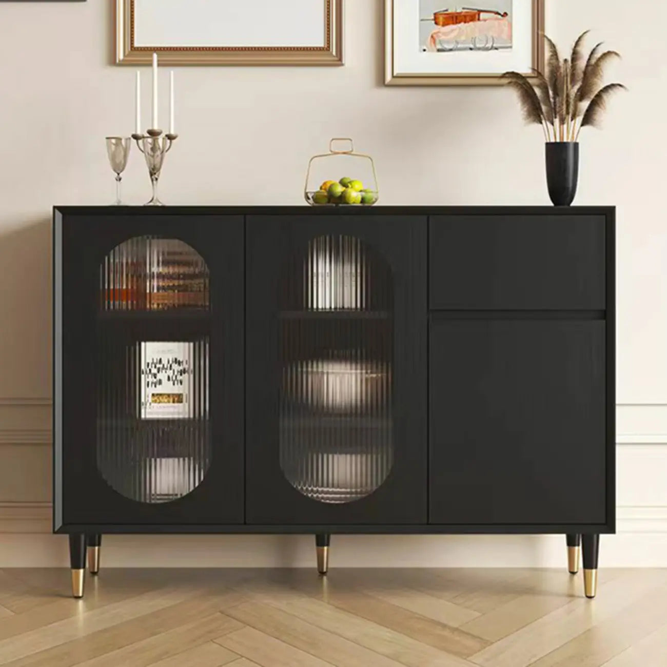 16W Glam Wooden Sideboard with Glass Doors & Cabinets