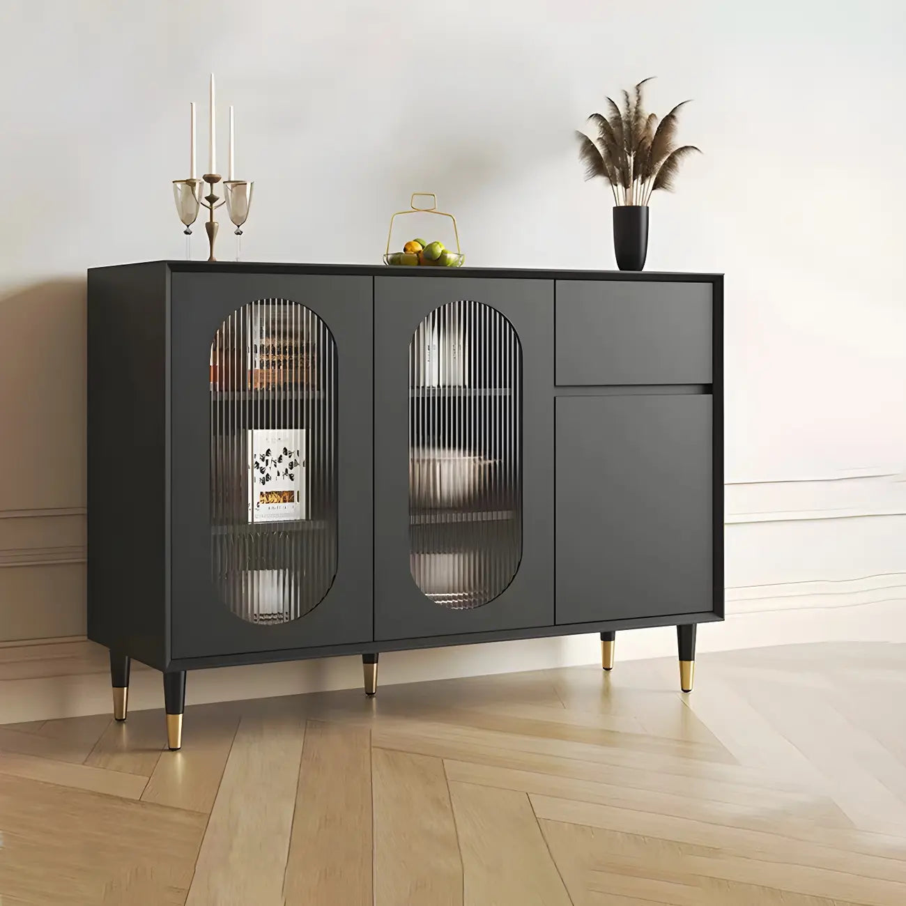 16W Glam Wooden Sideboard with Glass Doors & Cabinets