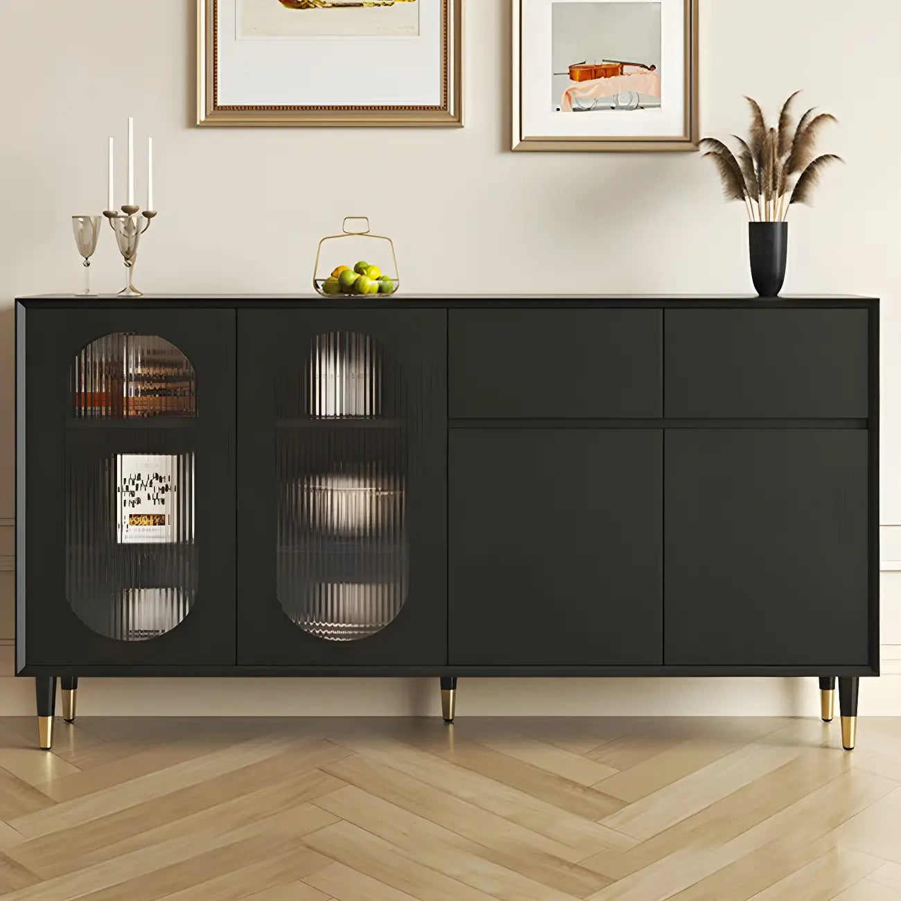 16W Glam Wooden Sideboard with Glass Doors & Cabinets