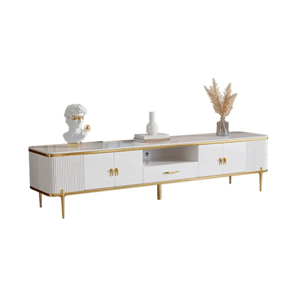 Glam Glossy White Stone TV Stand with Cable Management