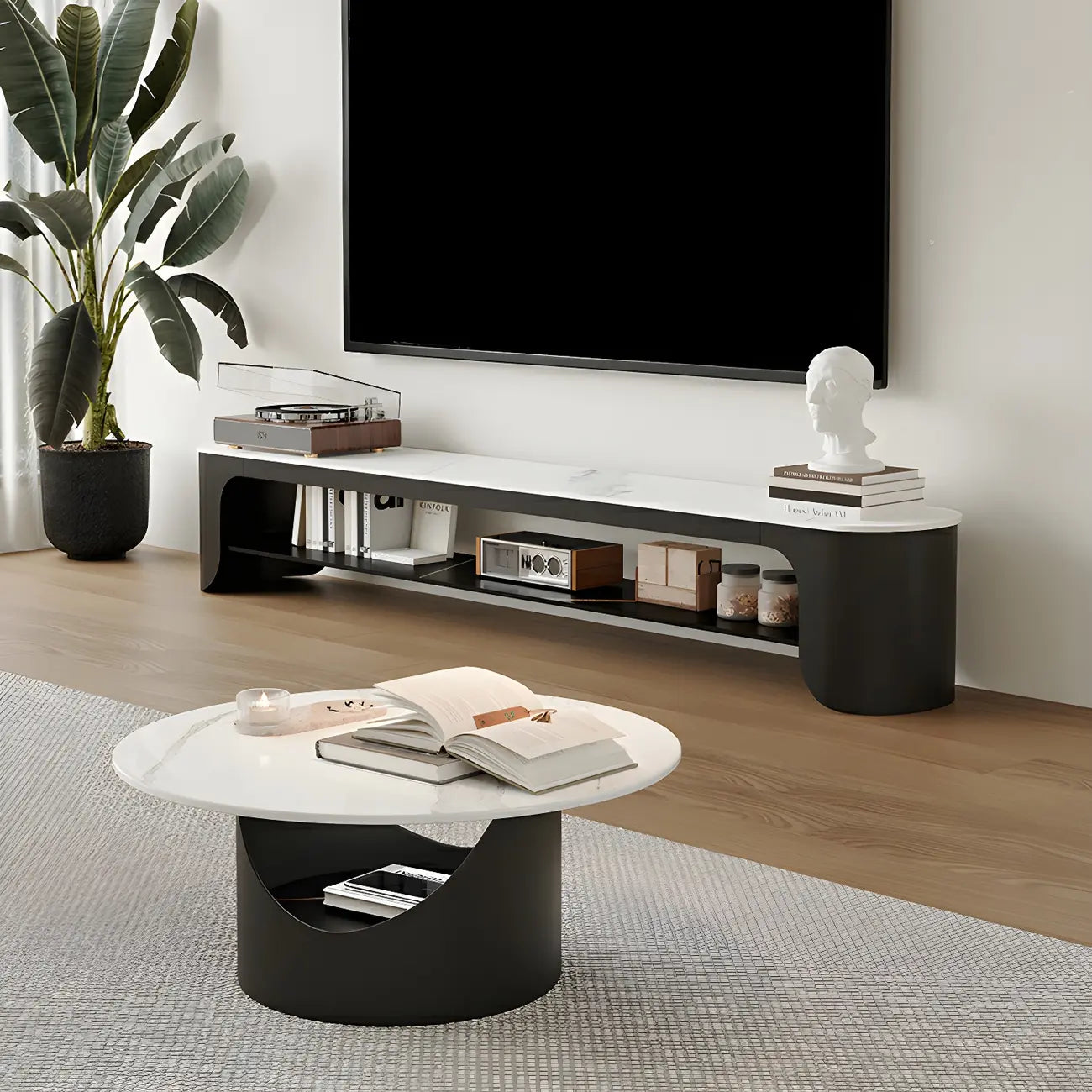 Modern Stone Oval TV Stand with Open Shelving for Living Room