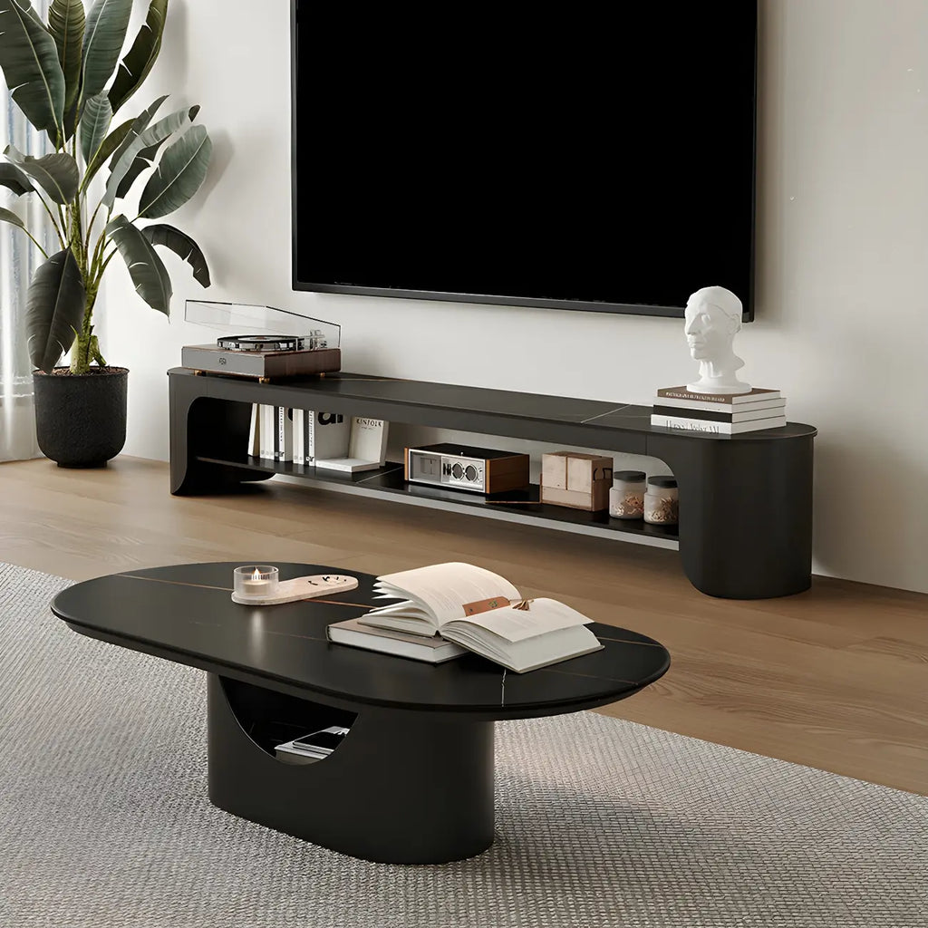 Modern Stone Oval TV Stand with Open Shelving for Living Room