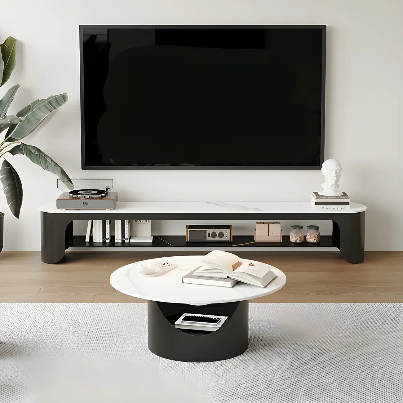 Modern Stone Oval TV Stand with Open Shelving for Living Room