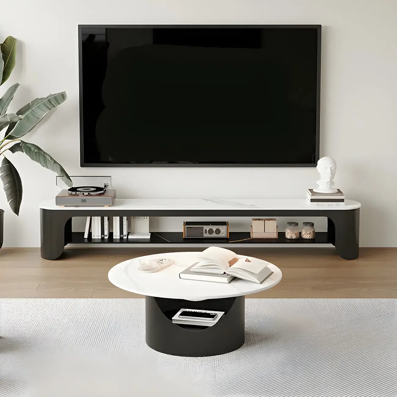 Modern Stone Oval TV Stand with Open Shelving for Living Room