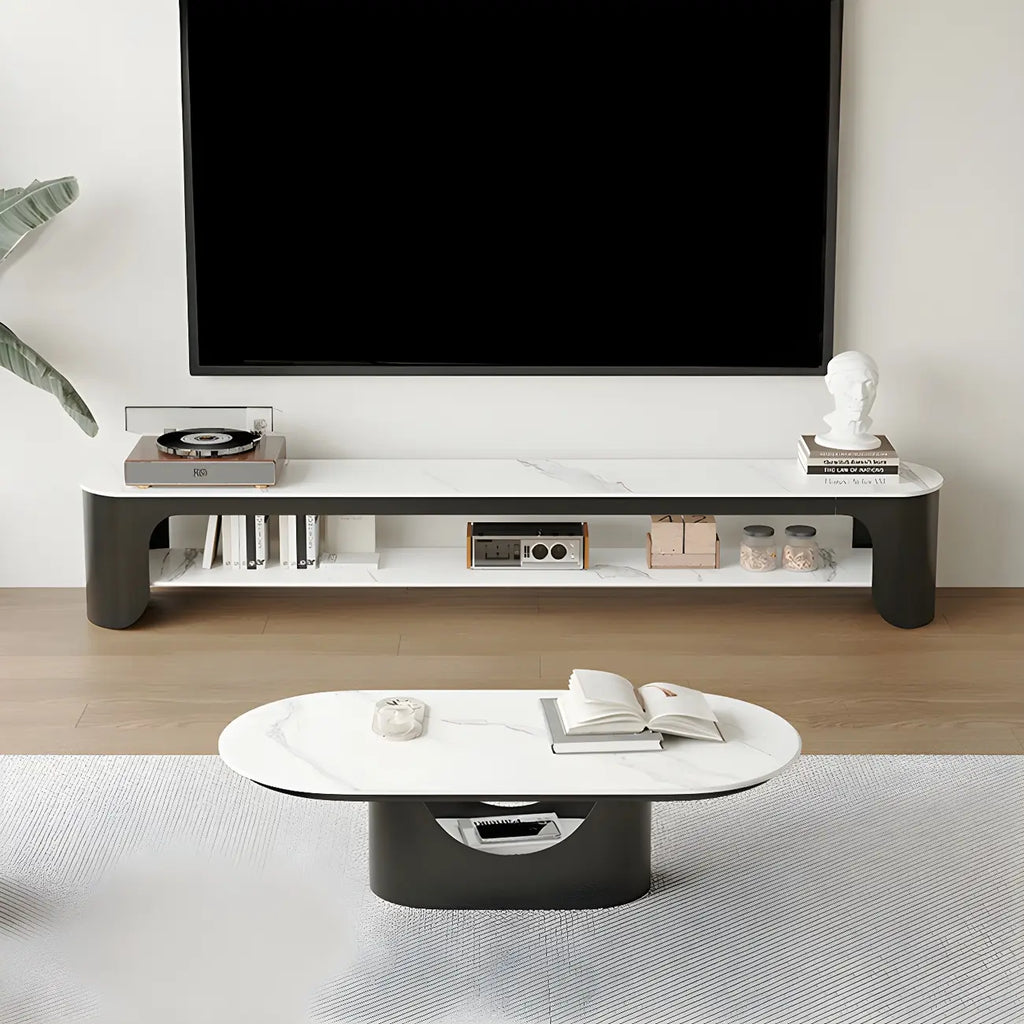 Modern Stone Oval TV Stand with Open Shelving for Living Room
