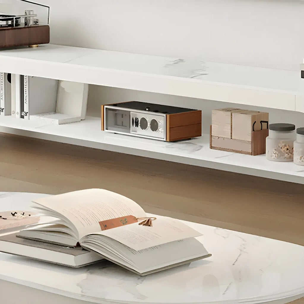 Modern Stone Oval TV Stand with Open Shelving for Living Room