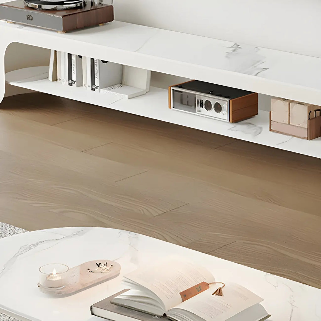 Modern Stone Oval TV Stand with Open Shelving for Living Room