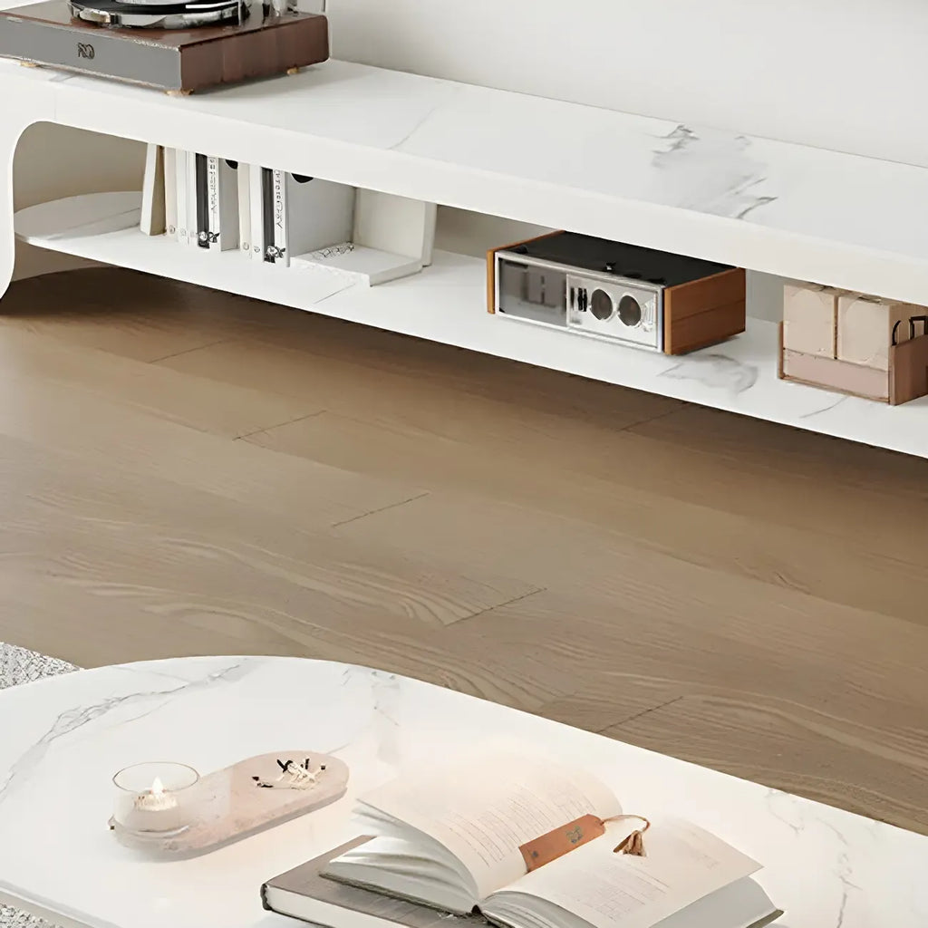 Modern Stone Oval TV Stand with Open Shelving for Living Room