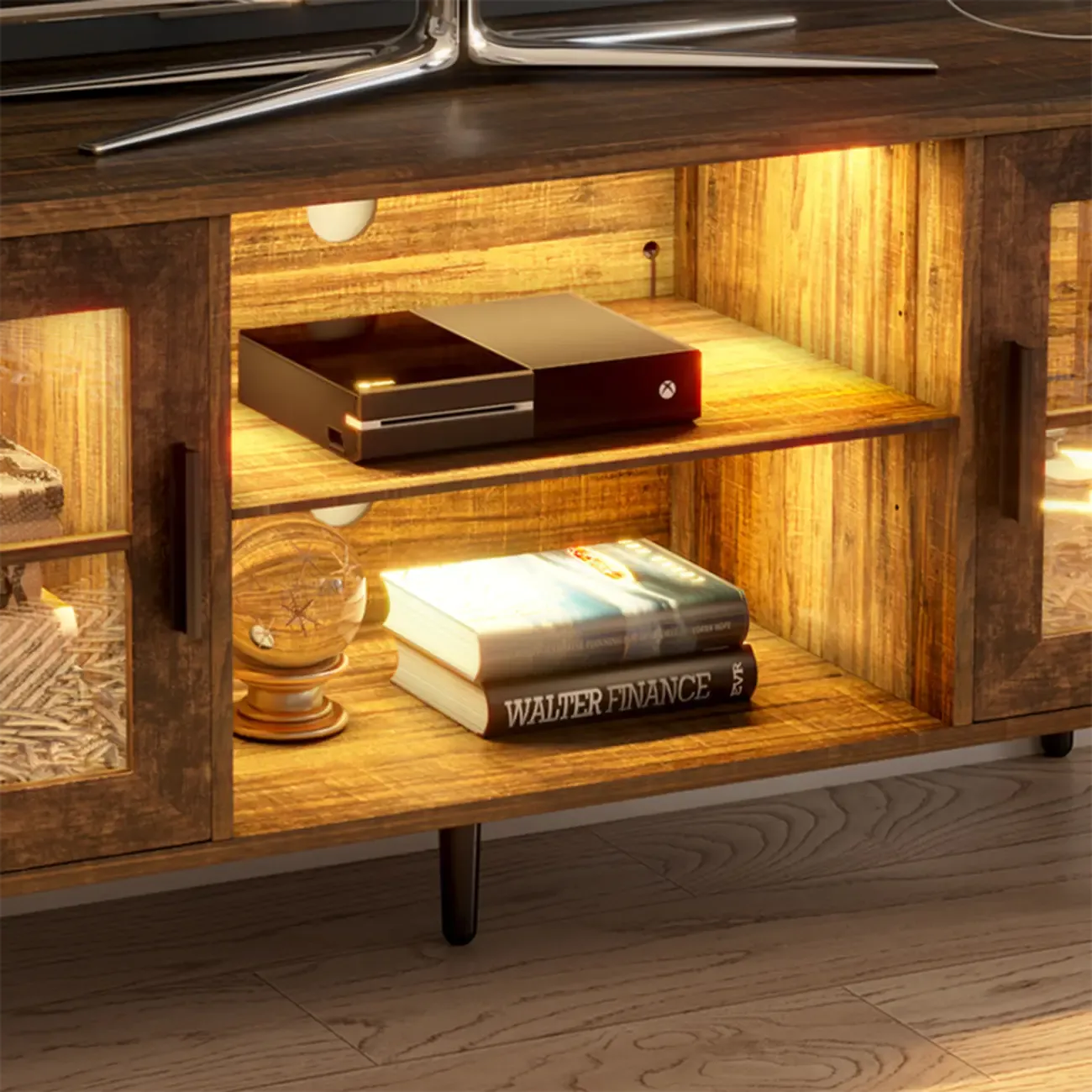 Rectangle Beige Wood Open Storage TV Stand with LED Lights