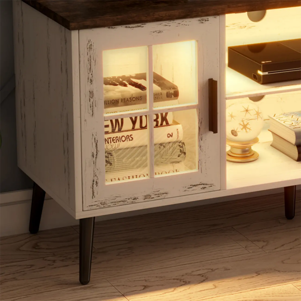 Rectangle Beige Wood Open Storage TV Stand with LED Lights