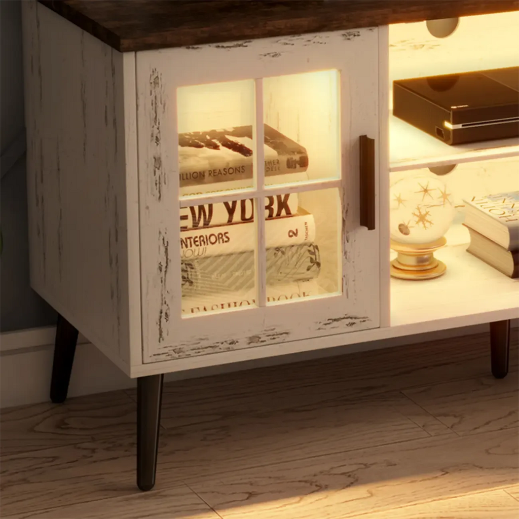 Rectangle Beige Wood Open Storage TV Stand with LED Lights