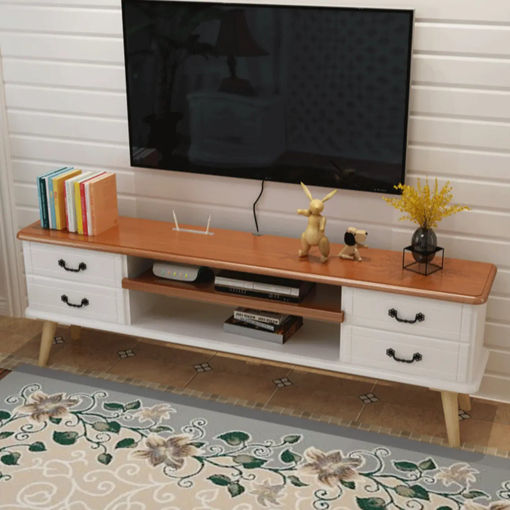 Living Room Wood Brown-White Cable Management TV Stand