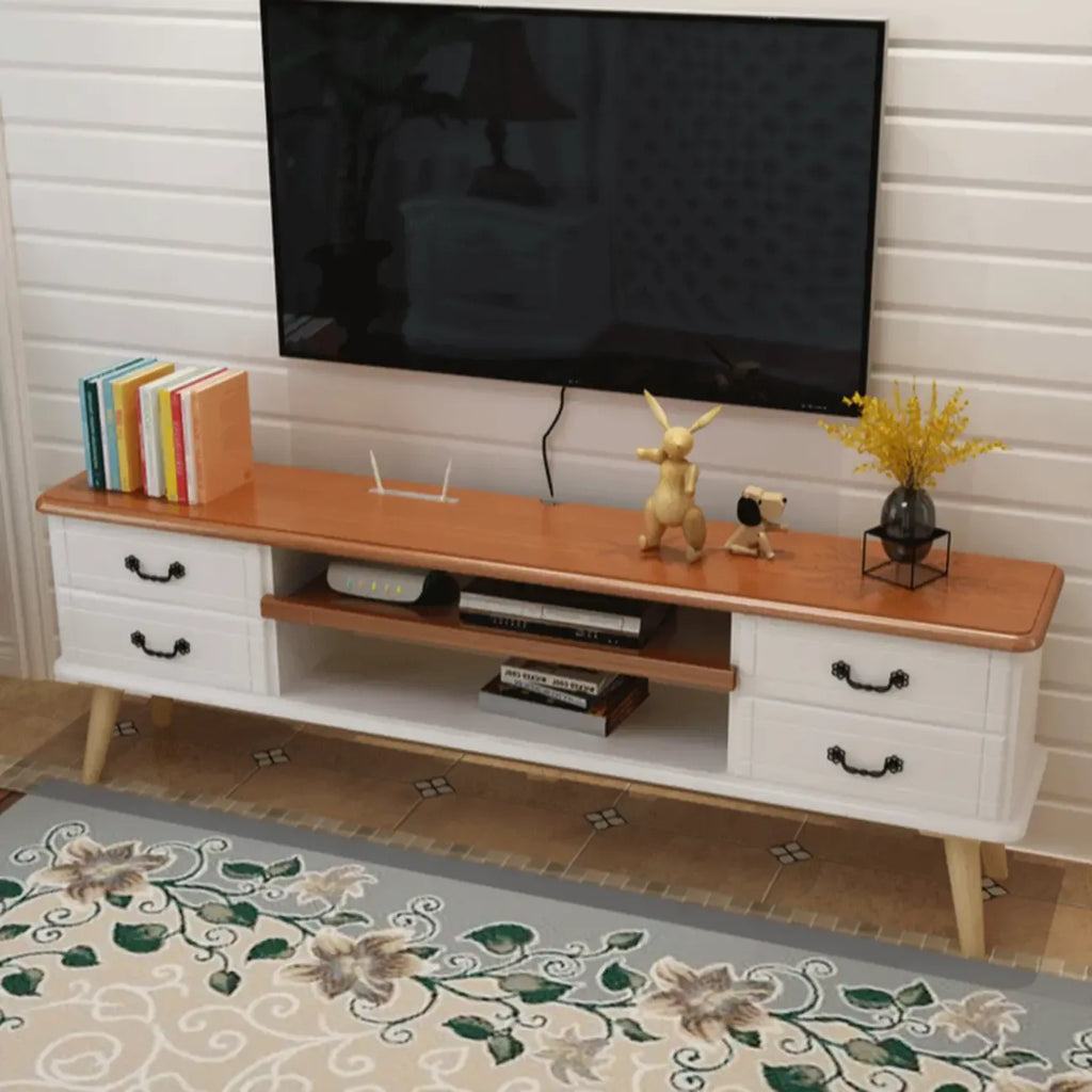 Living Room Wood Brown-White Cable Management TV Stand