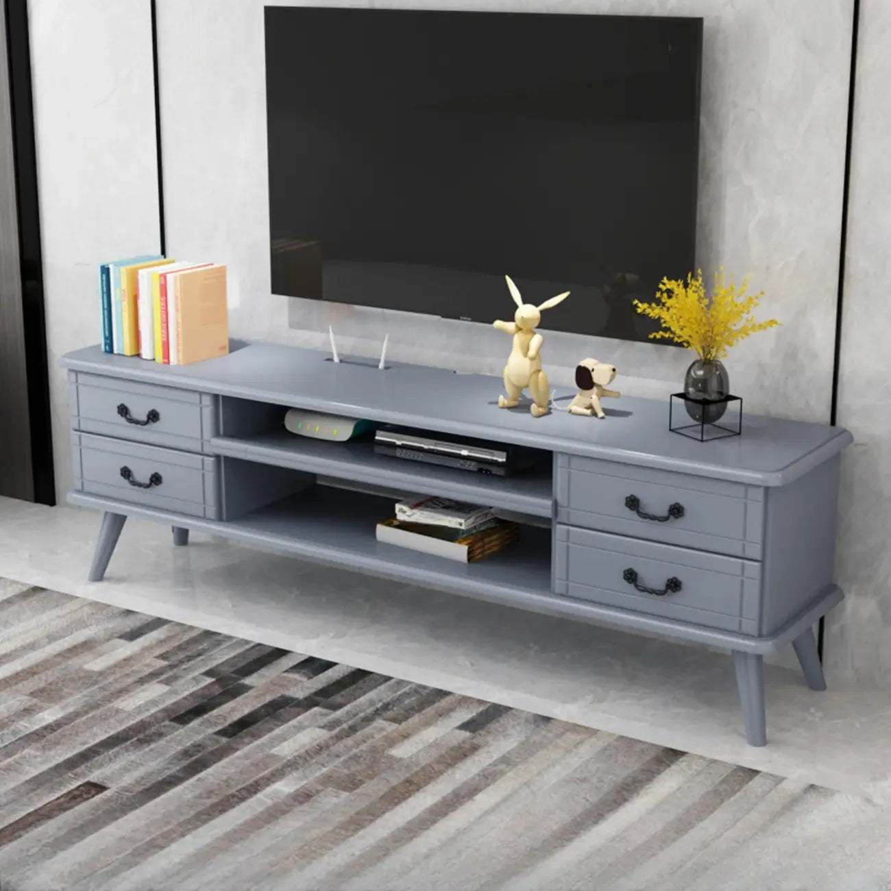 Living Room Wood Brown-White Cable Management TV Stand
