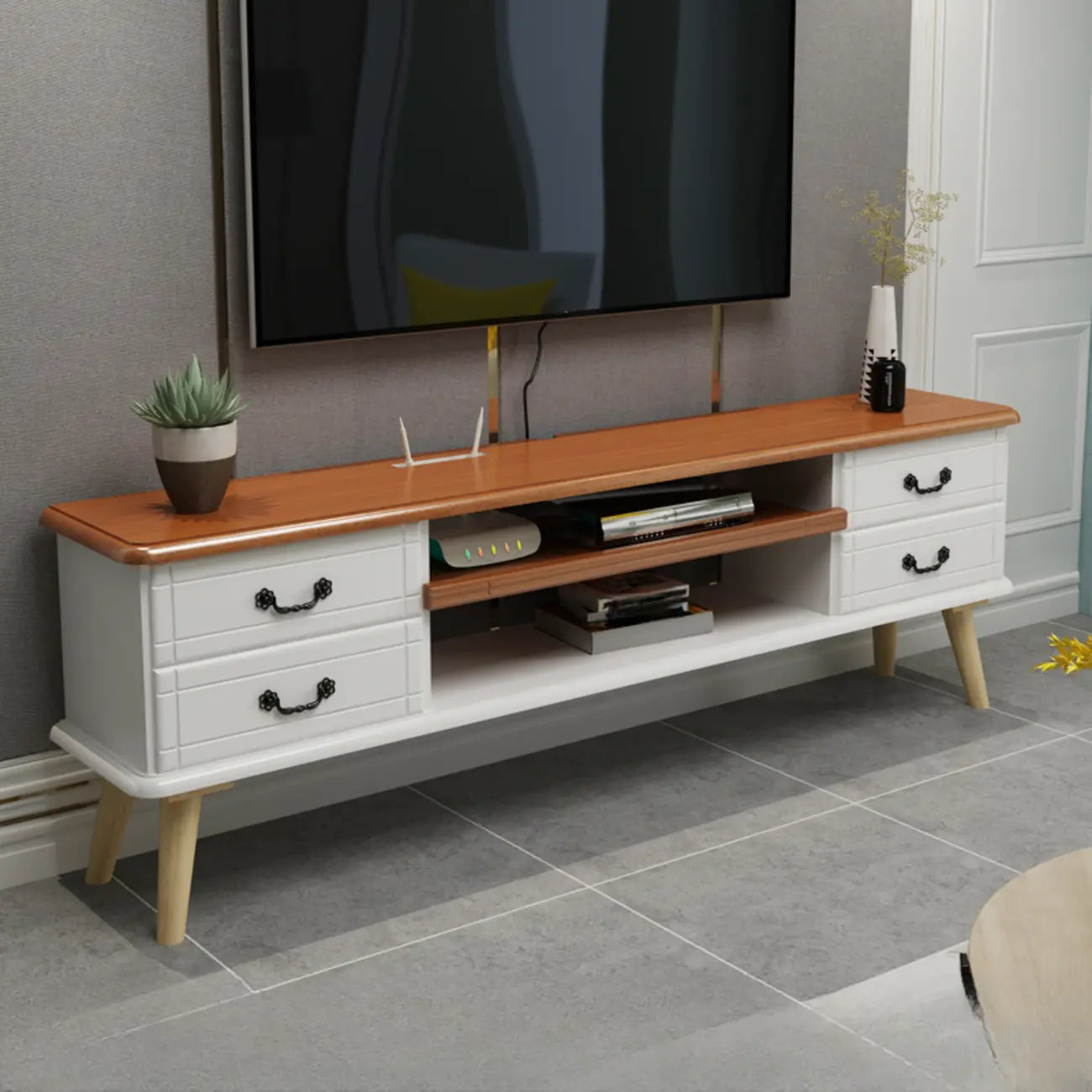 Living Room Wood Brown-White Cable Management TV Stand