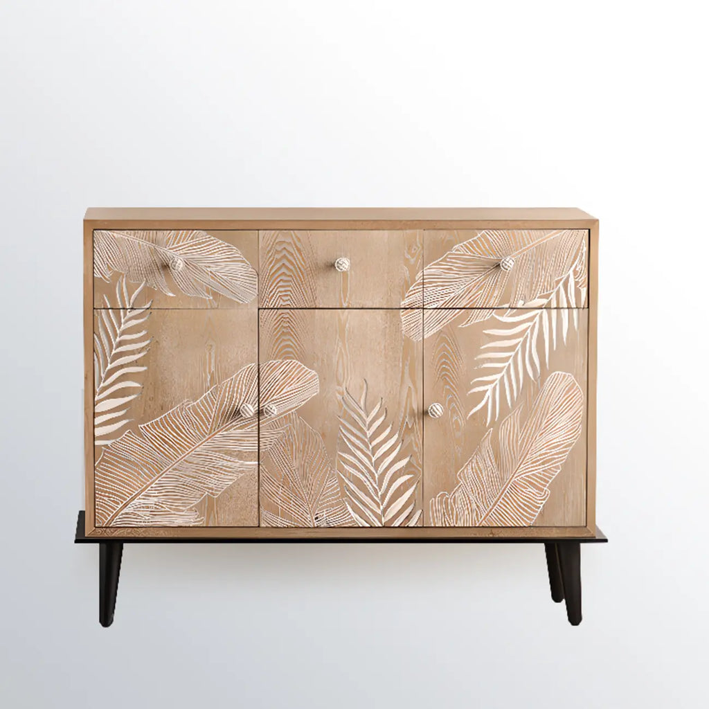 French Country Wooden Parlor Cabinet with Leaf Patterns